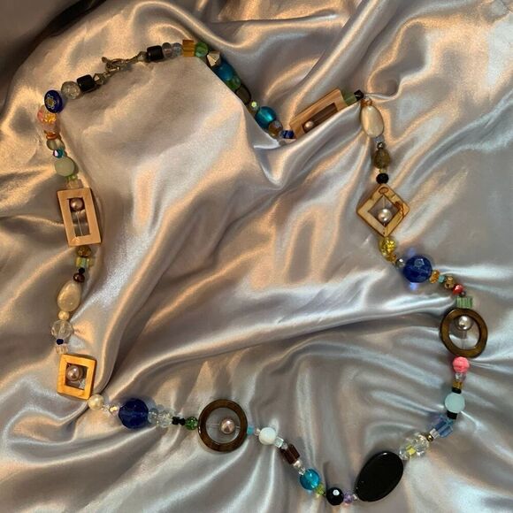 Colorful Long Beaded Statement Necklace Geometric Shapes Boho Retro Style Blue, - Picture 5 of 11